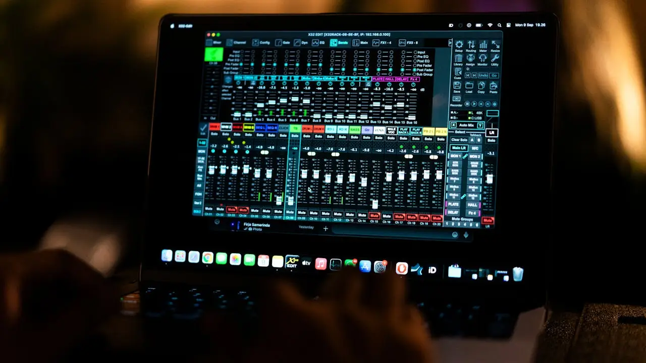 Close-up of a digital audio mixing software interface on a laptop screen in a recording studio.